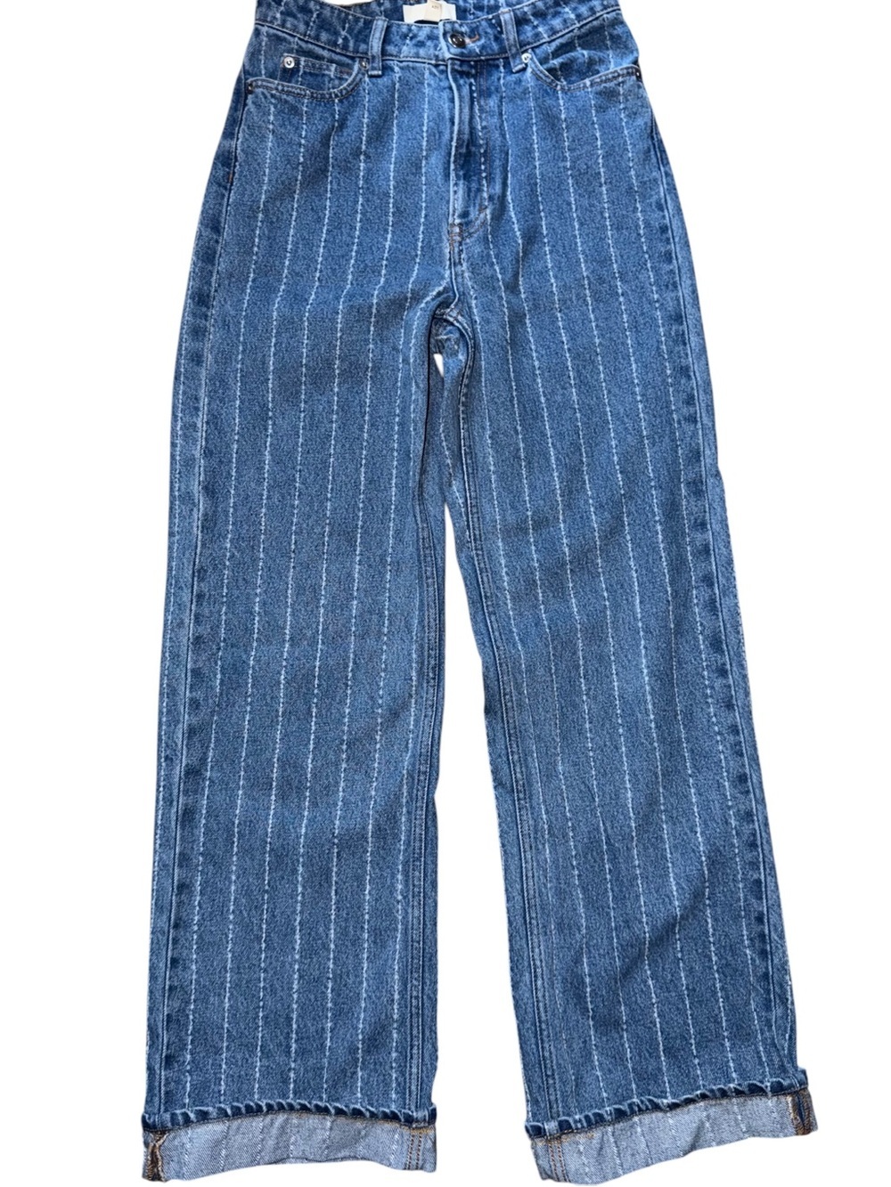 H&M High Rise Wide Leg Cuffed Textured Striped Jeans Size 2